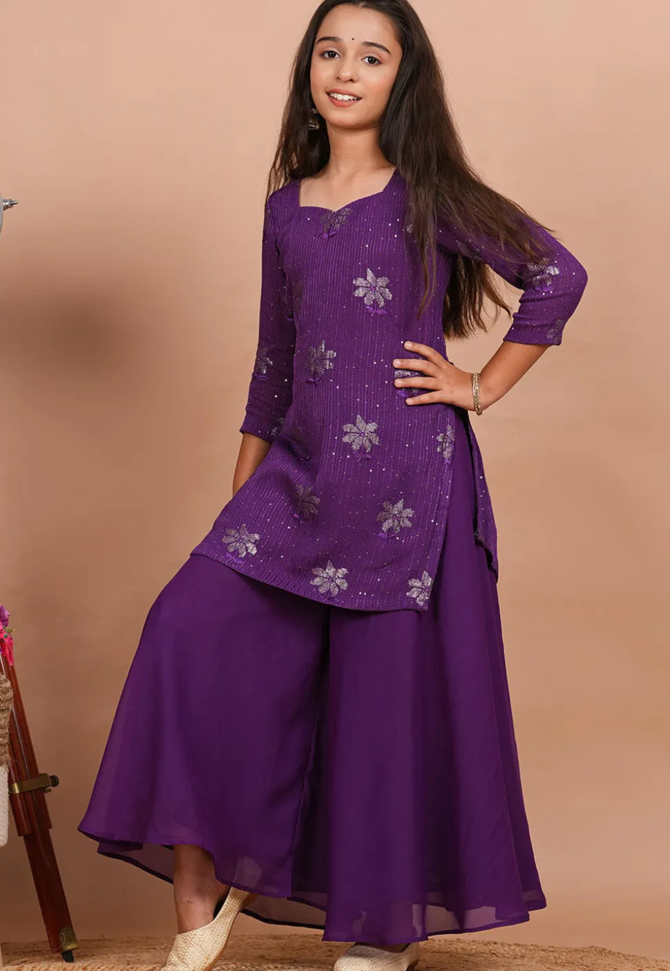 Embroidered Georgette Straight Kurta in Purple