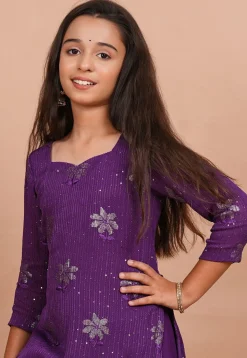 Embroidered Georgette Straight Kurta in Purple