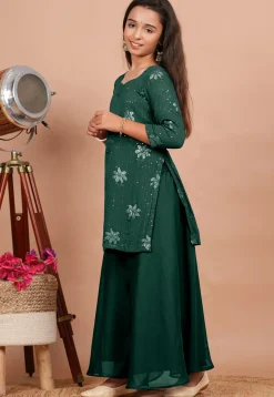 Embroidered Georgette Straight Kurta set in Dark Green