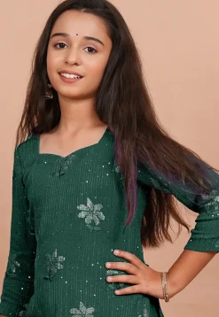 Embroidered Georgette Straight Kurta set in Dark Green