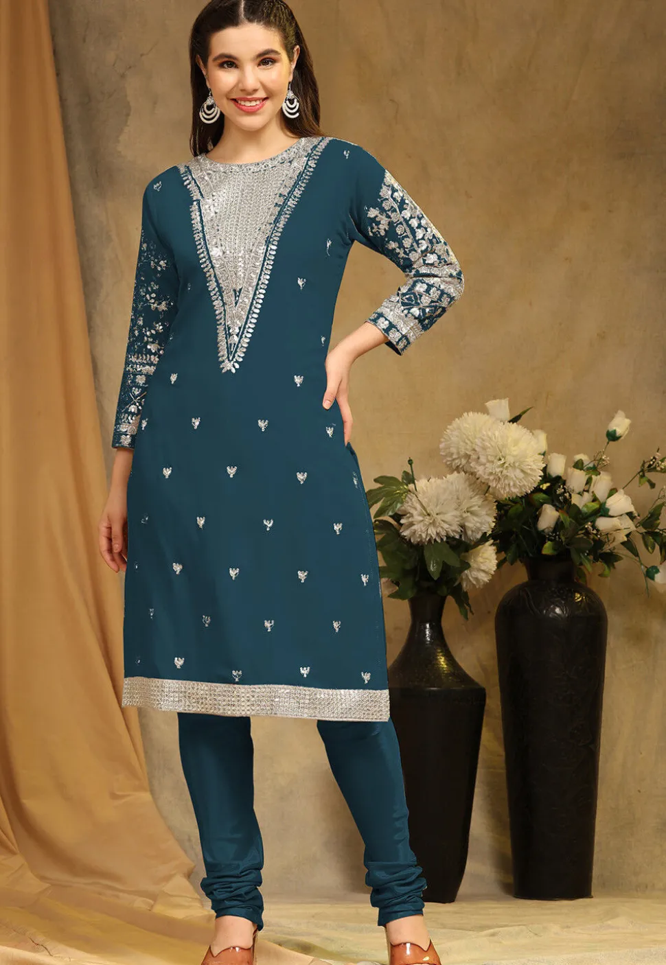 Embroidered Georgette Straight Suit in Teal Blue