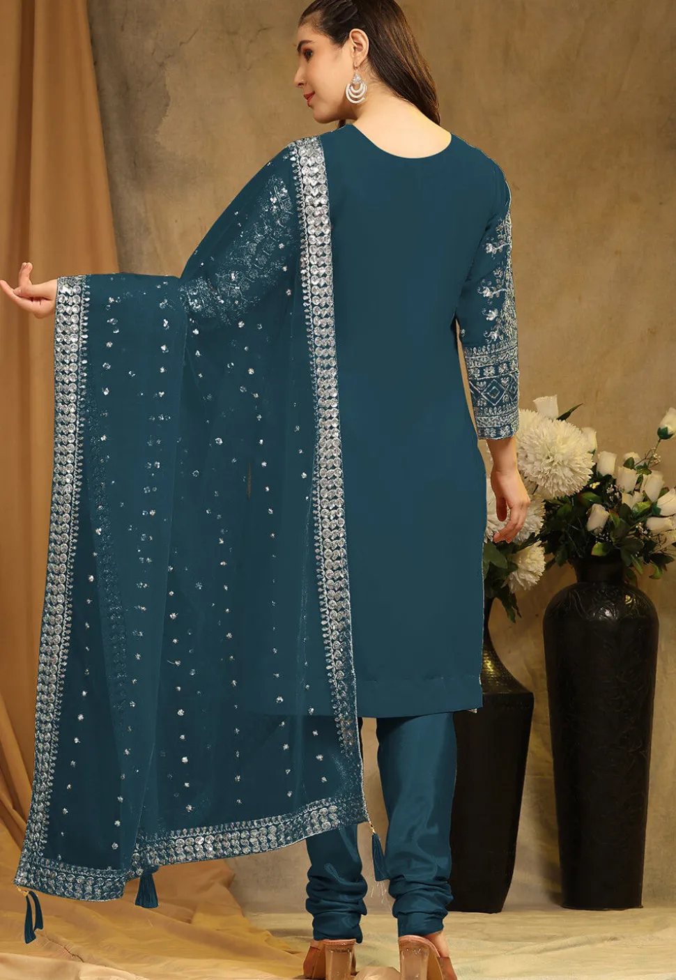 Embroidered Georgette Straight Suit in Teal Blue