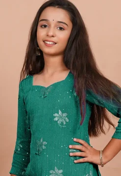 Embroidered Georgette Straight Kurta set in Sea Green