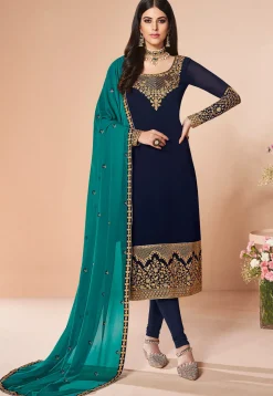 Embroidered Georgette Straight Suit in Navy Blue