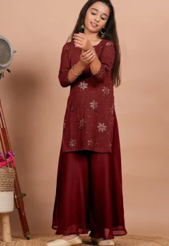 Embroidered Georgette Straight Kurta set in Maroon