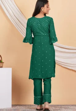 Embroidered Georgette Straight Kurta Set in Dark Teal Green