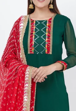 Embroidered Georgette Straight Suit in Dark Teal Green