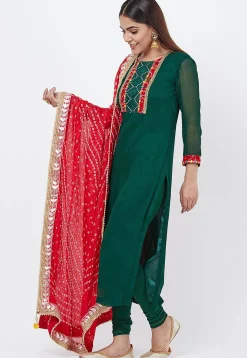 Embroidered Georgette Straight Suit in Dark Teal Green