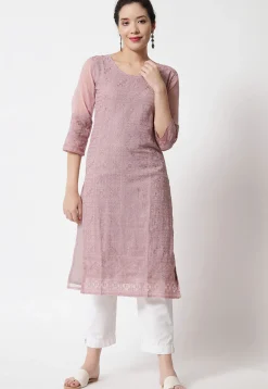 Embroidered Georgette Straight Kurta in Dusty Pink