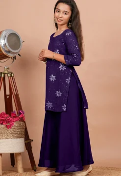 Embroidered Georgette Straight Kurta set in Dark Purple