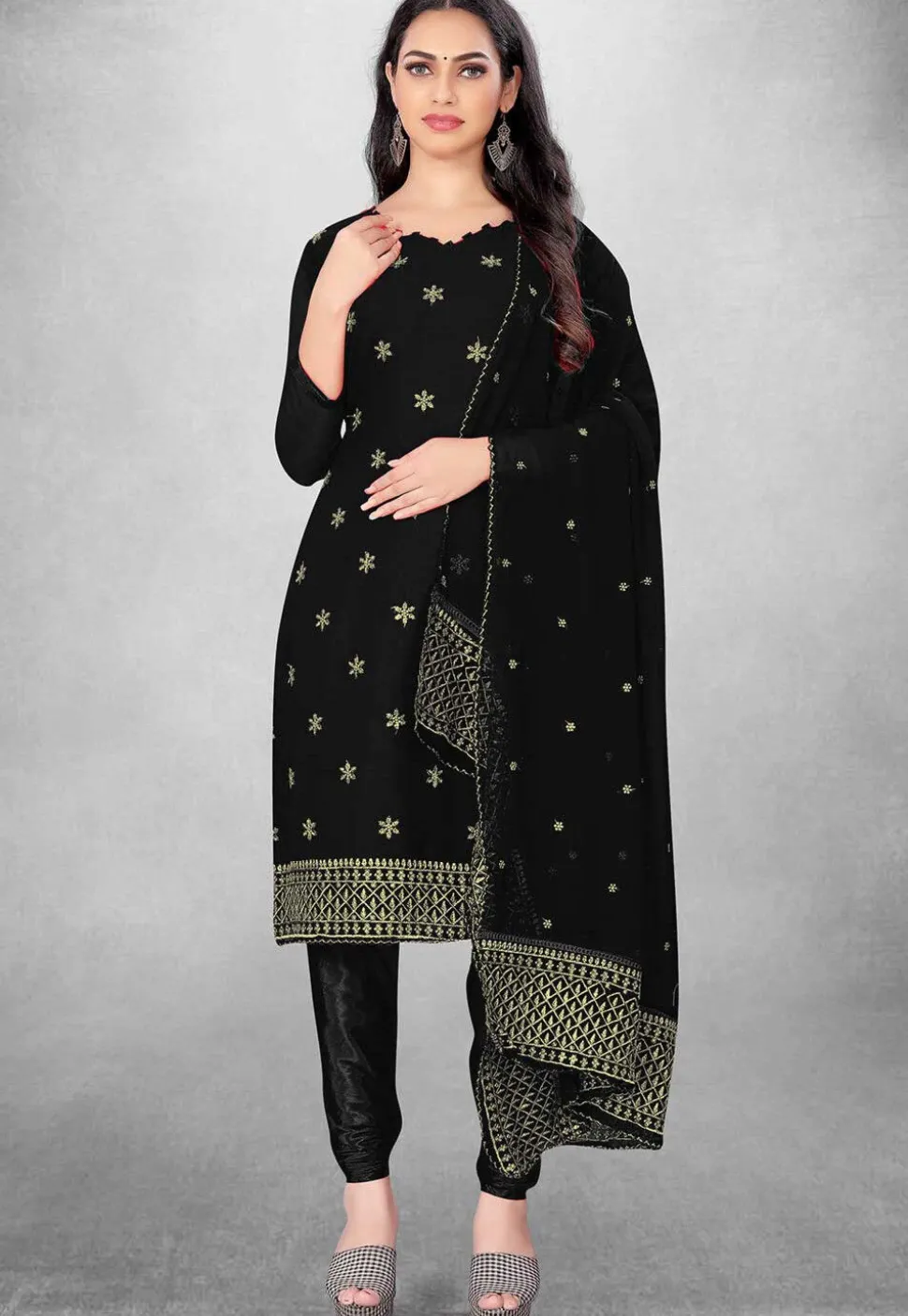 Embroidered Georgette Straight Suit in Black