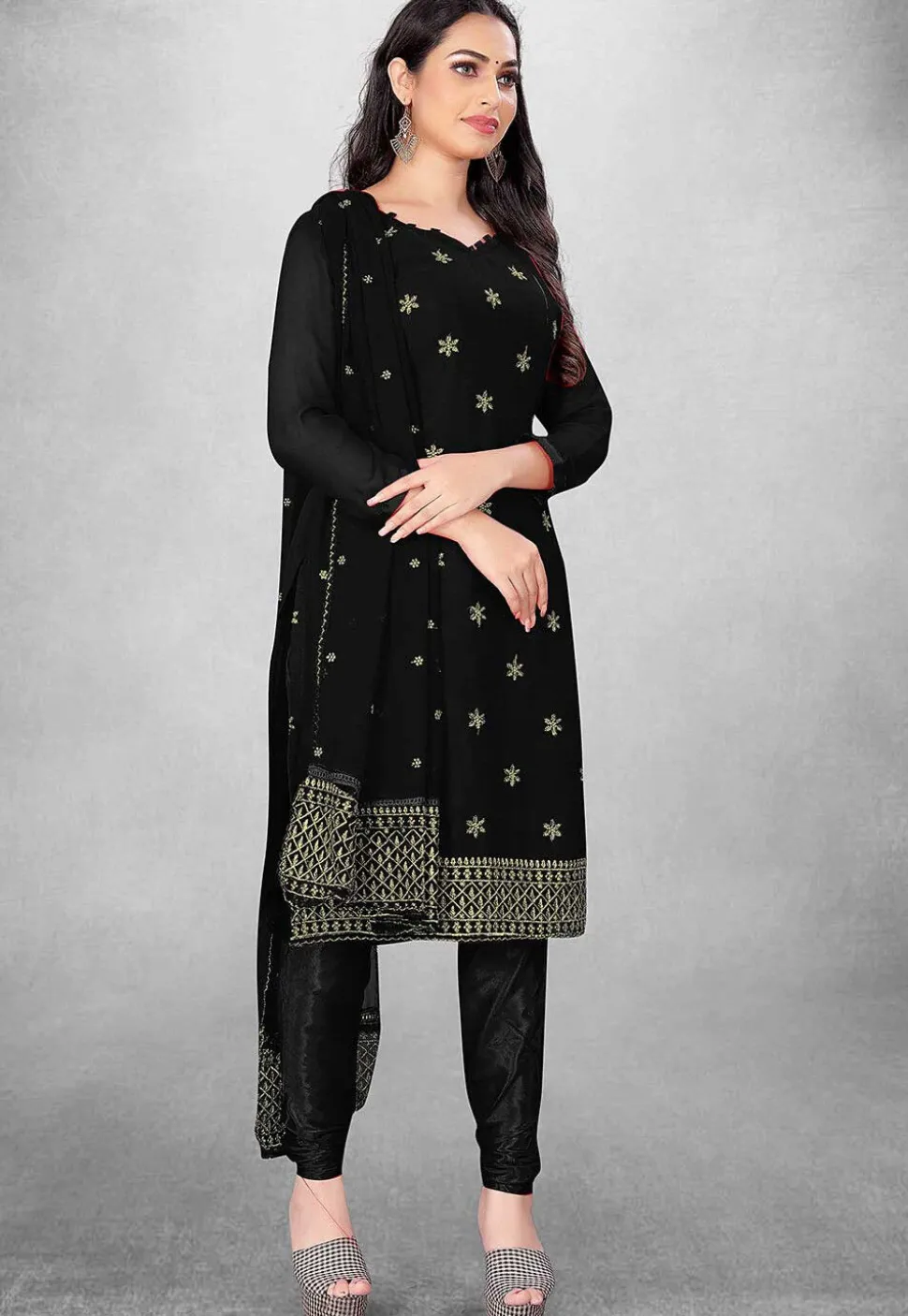 Embroidered Georgette Straight Suit in Black