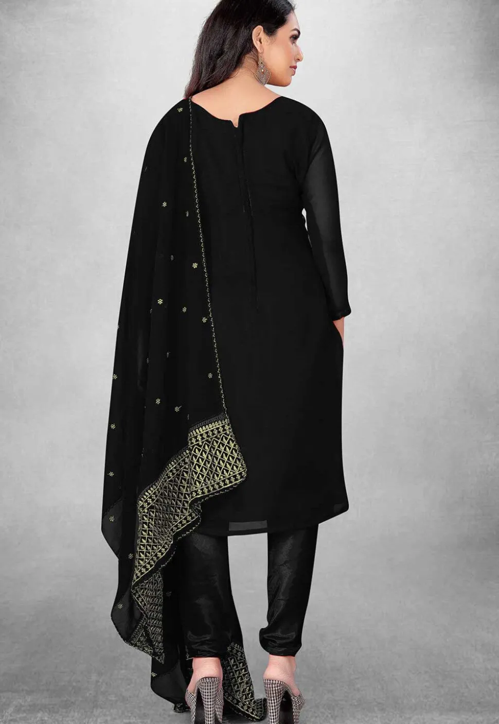 Embroidered Georgette Straight Suit in Black