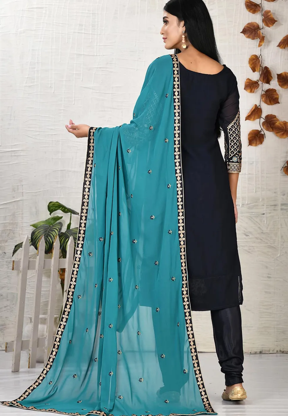 Embroidered Georgette Straight Suit in Navy Blue