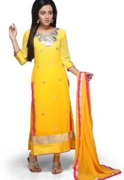 Embroidered Georgette Straight Suit in Shaded Yellow