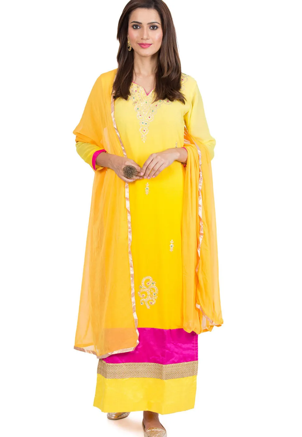 Embroidered Georgette Straight Suit in Shaded Yellow