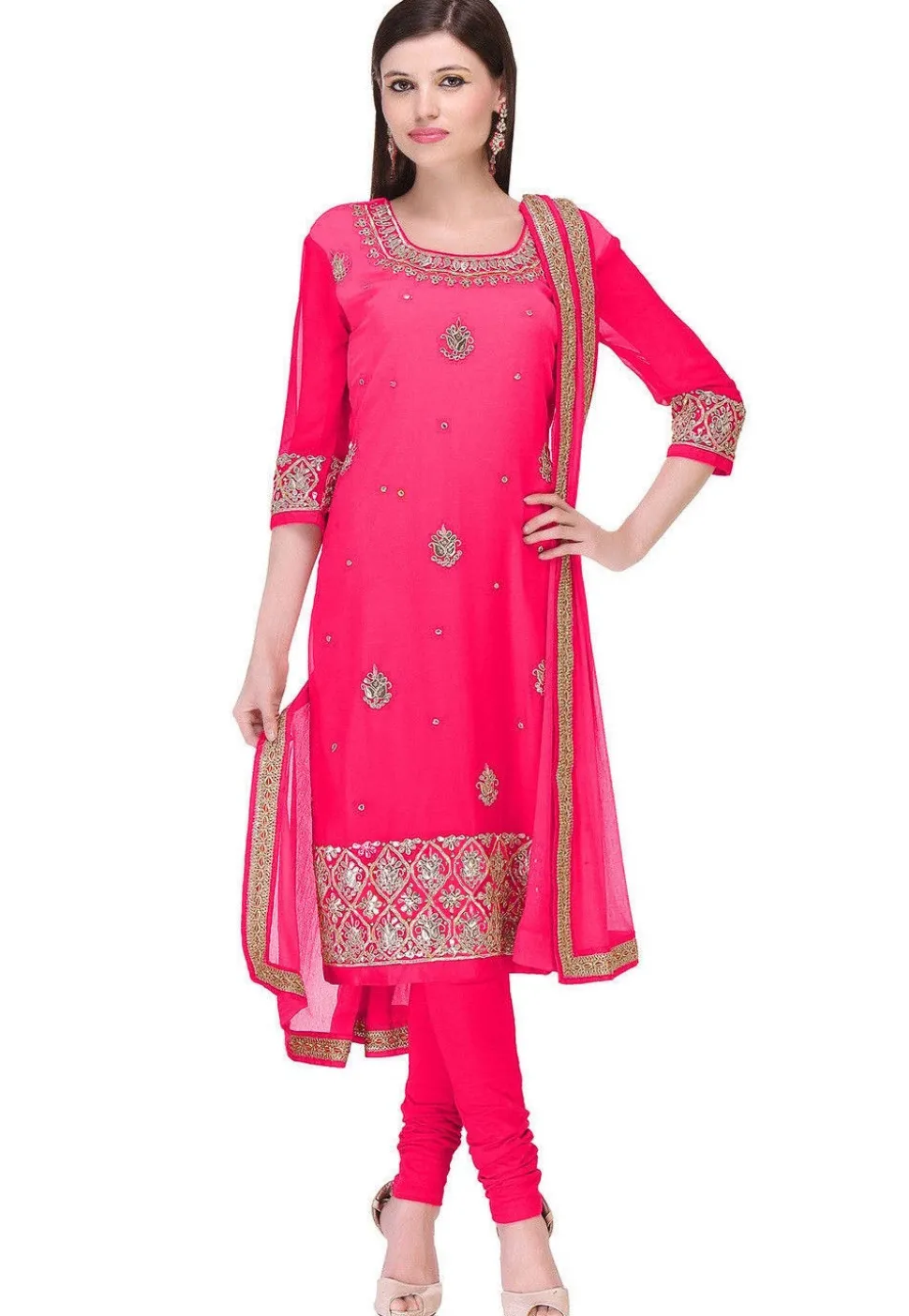 Embroidered Georgette Straight Suit in Fuchsia