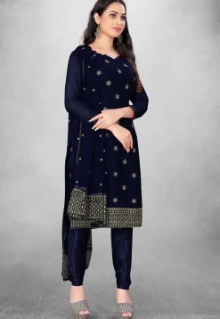 Embroidered Georgette Straight Suit in Navy Blue
