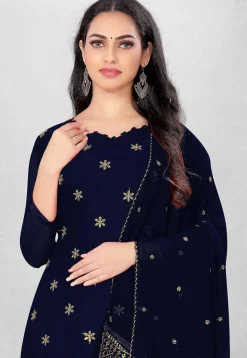 Embroidered Georgette Straight Suit in Navy Blue