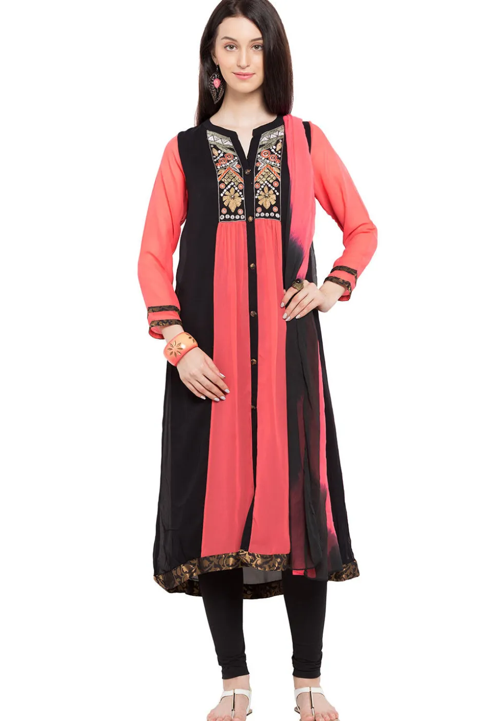 Embroidered Georgette Straight Suit in Peach and Black