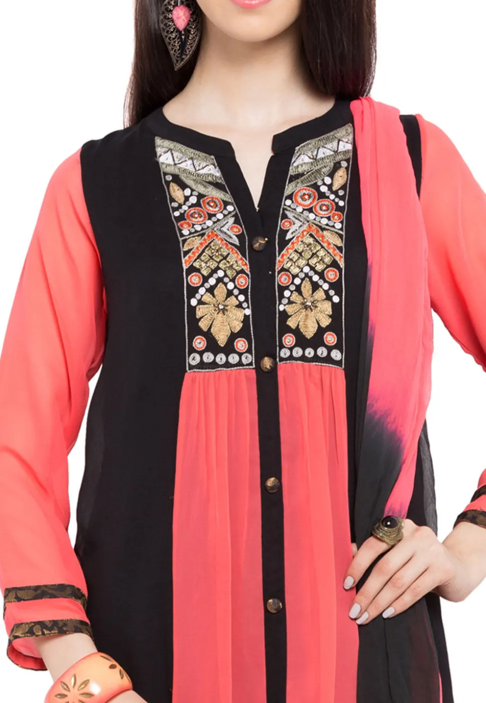 Embroidered Georgette Straight Suit in Peach and Black