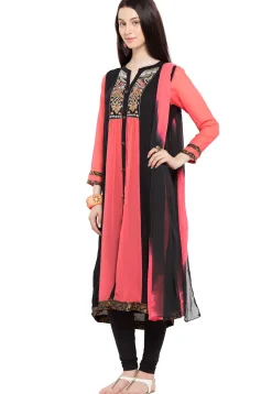 Embroidered Georgette Straight Suit in Peach and Black