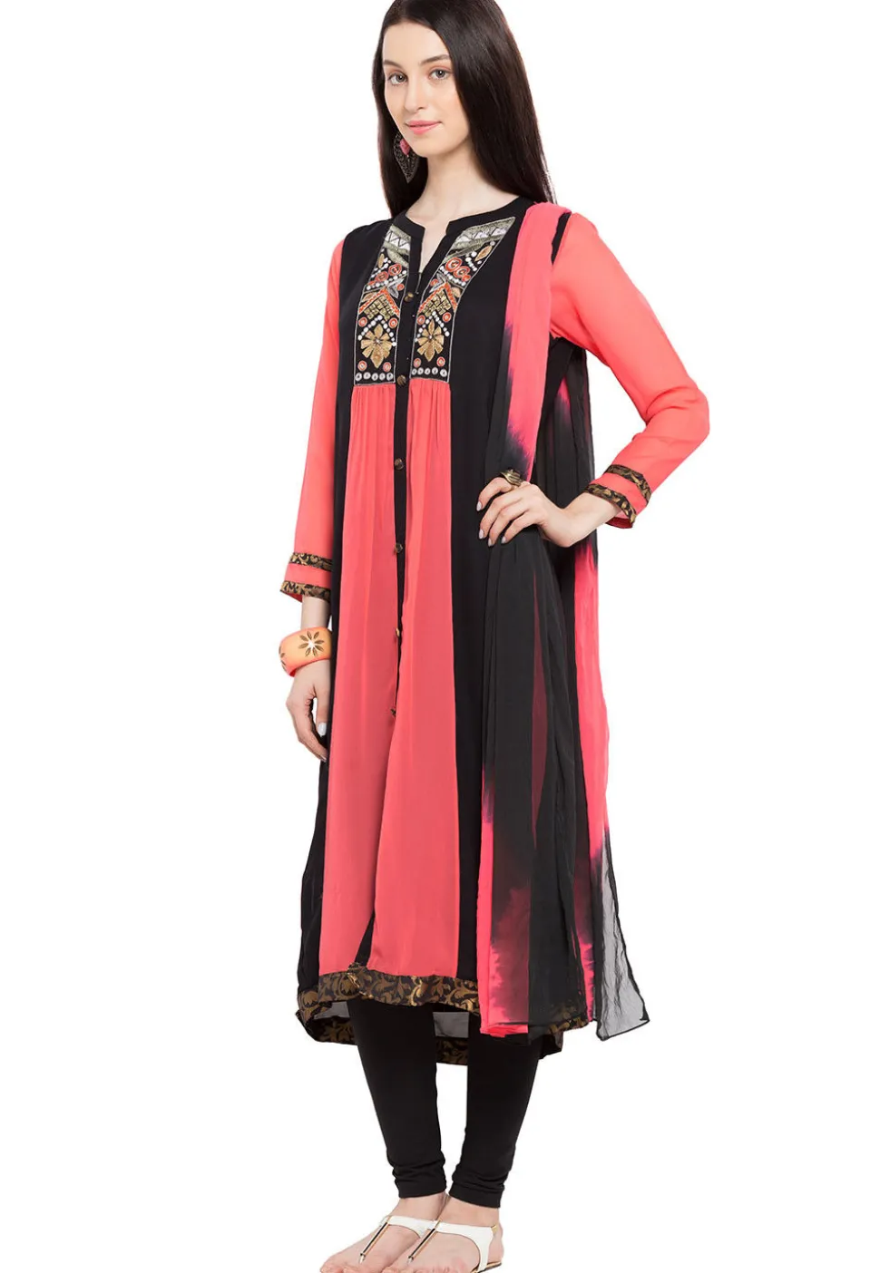 Embroidered Georgette Straight Suit in Peach and Black