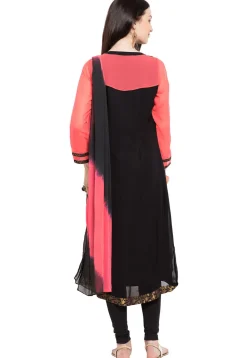 Embroidered Georgette Straight Suit in Peach and Black