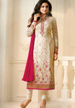 Embroidered Georgette Straight Suit in Off White