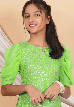 Embroidered Georgette Straight Kurta Set in Neon Green