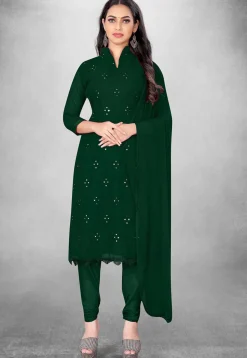 Embroidered Georgette Straight Suit in Dark Green