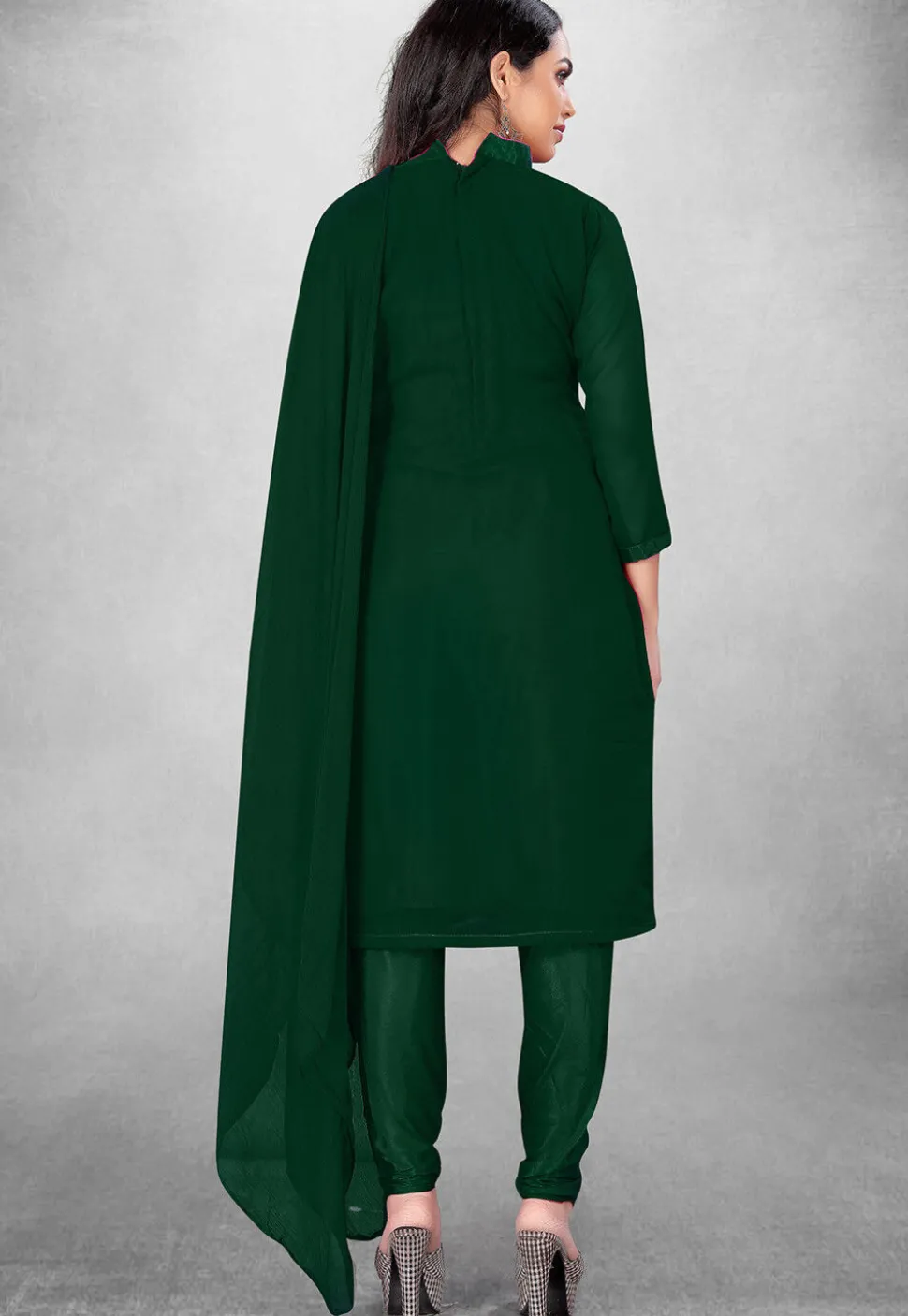 Embroidered Georgette Straight Suit in Dark Green