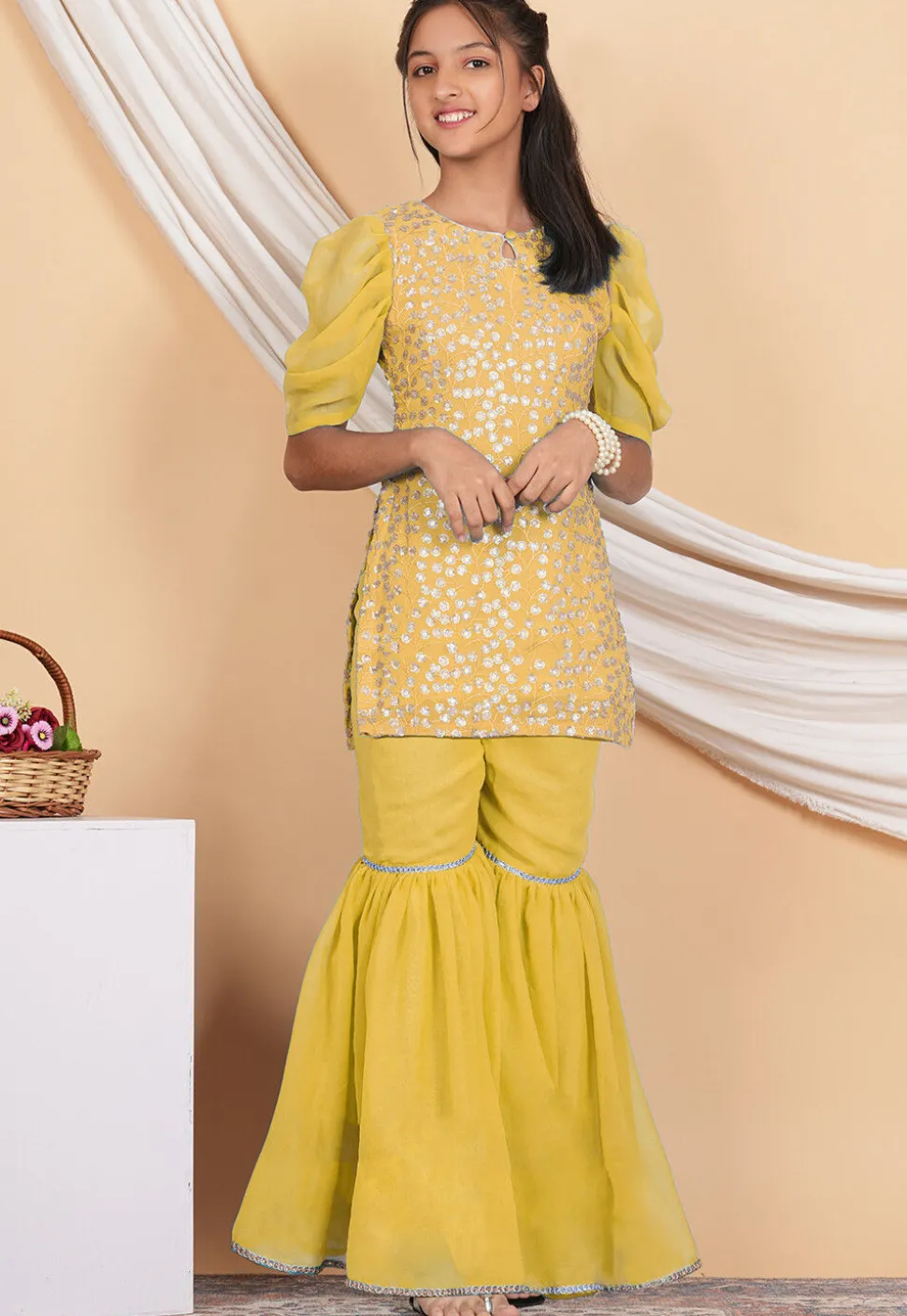 Embroidered Georgette Straight Kurta Set in Yellow