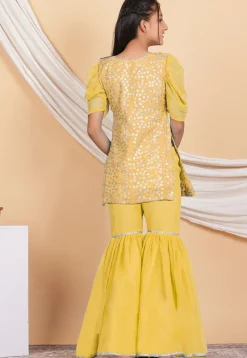 Embroidered Georgette Straight Kurta Set in Yellow