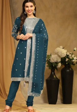 Embroidered Georgette Straight Suit in Teal Blue