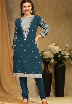 Embroidered Georgette Straight Suit in Teal Blue