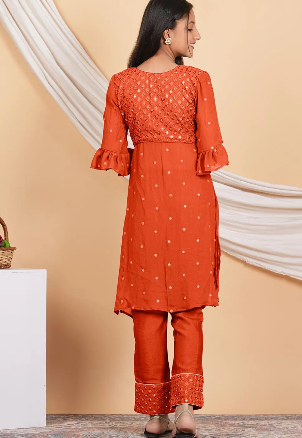 Embroidered Georgette Straight Kurta Set in Orange