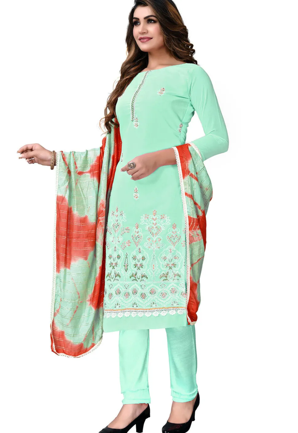 Embroidered Georgette Straight Suit in Sea Green