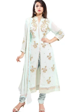 Embroidered Georgette Straight Cut Suit in Light Sea Green