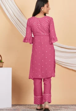 Embroidered Georgette Straight Kurta Set in Pink
