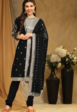 Embroidered Georgette Straight Suit in Black