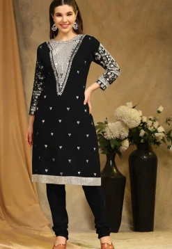Embroidered Georgette Straight Suit in Black