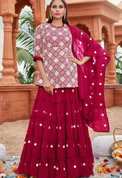 Embroidered Georgette Tiered Lehenga in Pink