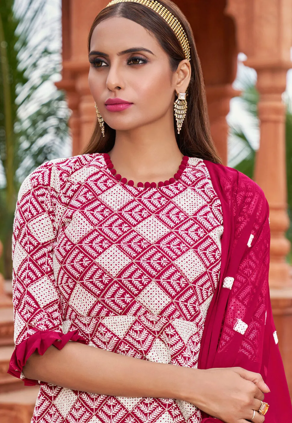 Embroidered Georgette Tiered Lehenga in Pink