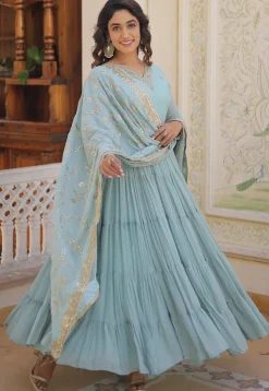 Embroidered Georgette Tiered Abaya Style Suit in Sky Blue
