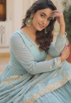 Embroidered Georgette Tiered Abaya Style Suit in Sky Blue