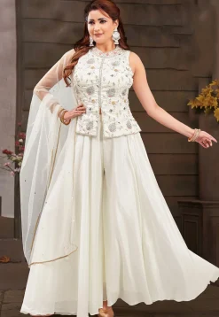 Embroidered Georgette Top Set in Off White