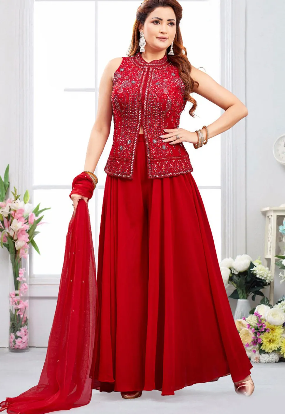 Embroidered Georgette Top Set in Red