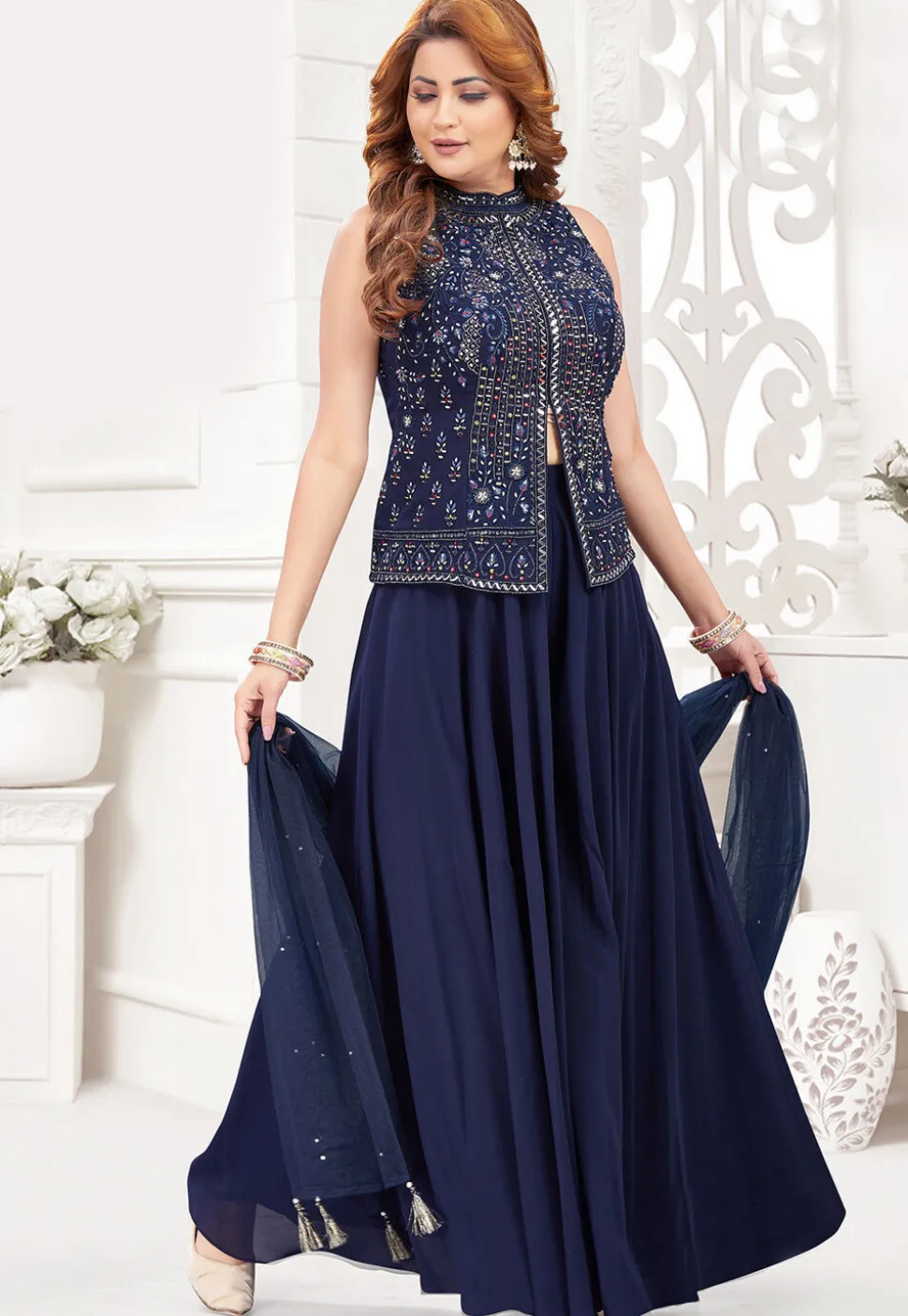 Embroidered Georgette Top Set in Navy Blue