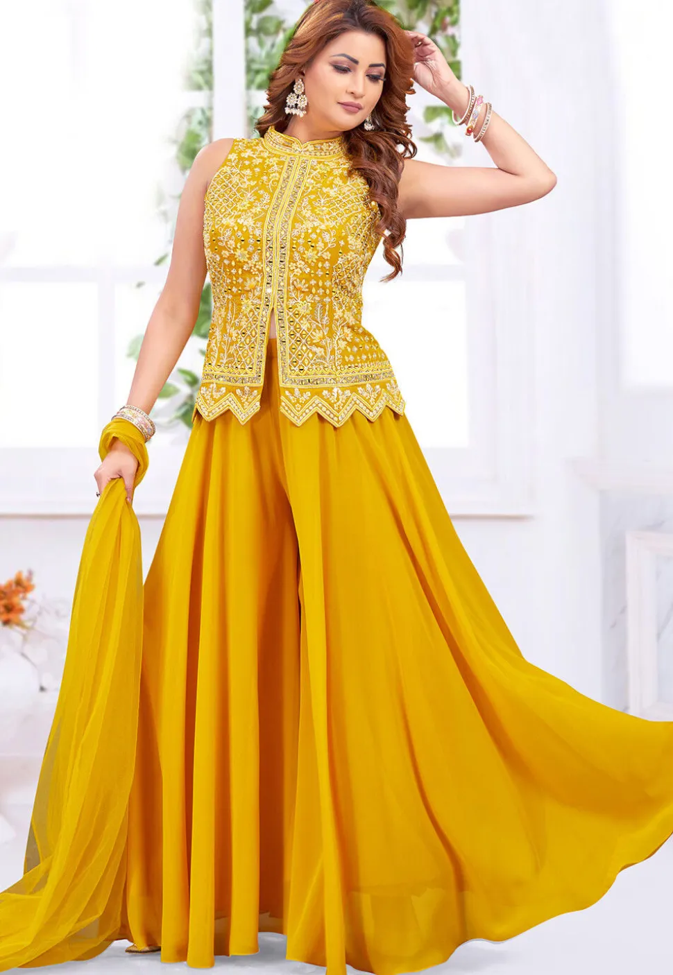 Embroidered Georgette Top Set in Mustard
